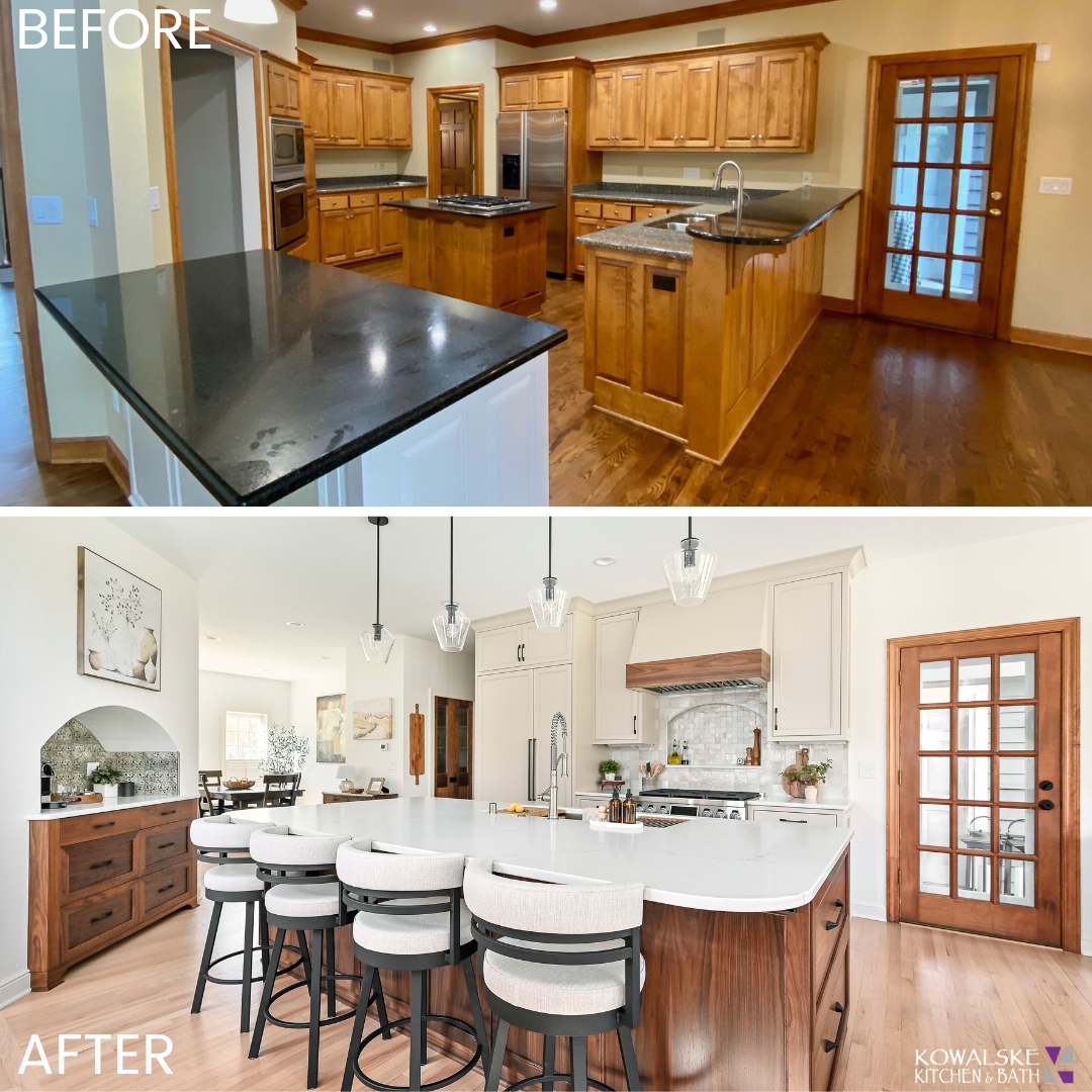 Kitchen renovation before and after — oak cabinets to shaker style
